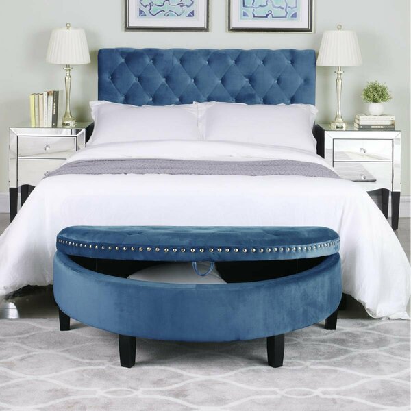 Chic Home Kelly Half Moon Storage Ottoman Tufted Velvet Upholstered Espresso Finished Wood Legs Bench, Teal FON9172-US